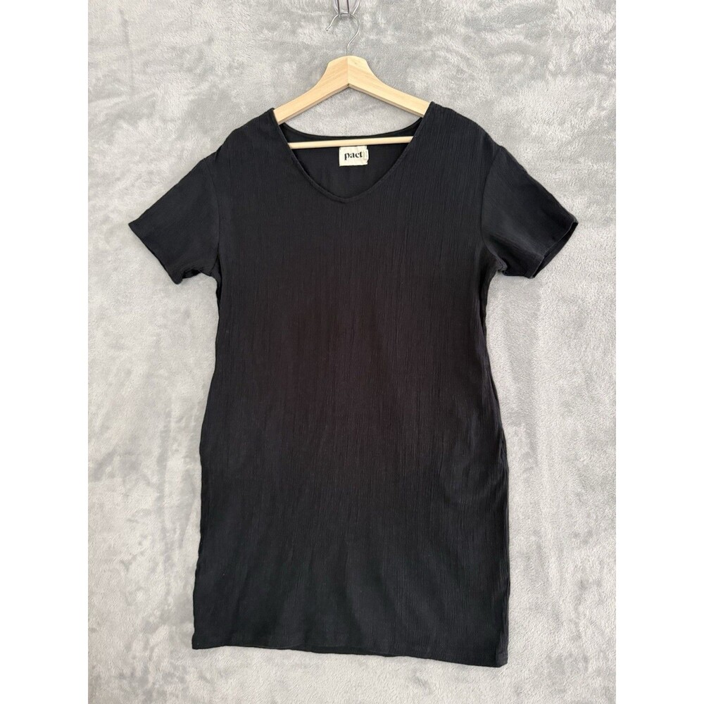 Pact Shift Dress Womens S Black Organic Cotton Crinkle Pockets Short Sleeve